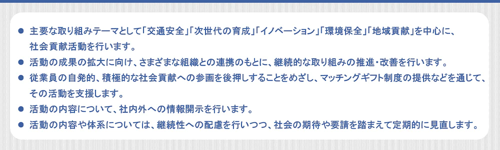 主要な取り組みテーマとして「交通安全」「次世代の育成」 「イノベーション」 「環境保全」「地域貢献」を中心に、社会貢献活動を行います。活動の成果の拡大に向け、様々な組織との連携のもとに、継続的な取り組みの推進・改善を行います。従業員の自発的、積極的な社会貢献への参画を後押しすることをめざし、マッチングギフト制度の提供などを通じて、その活動を支援します。活動の内容について、社内外へ情報開示を行います。活動の内容や体系については、継続性への配慮を行いつつ、社会の期待や要請を踏まえて定期的に見直します。